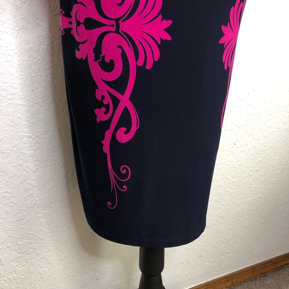 David Meister navy blue pink floral scroll v neck midi dress size 8 - Picture 4 of 16